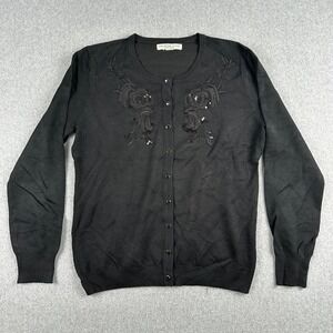 Melrose Chic Cardigan Womens L Black Floral Sequin Embroidered Button Front Knit